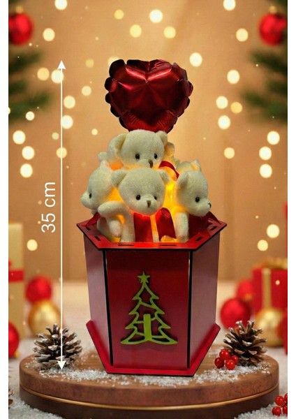 Yeniyıl Özel Seri: Özel Ahşap Kutusunda LED Işıklı, Kalp Balon ve 9 Ayıcıklı Konsept Tasarım Ayıcık Buketi fırsatları