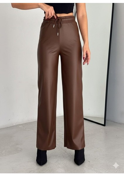 Yüksek Bel Geniş Paça Içi Şardonlu Deri Pantolon.