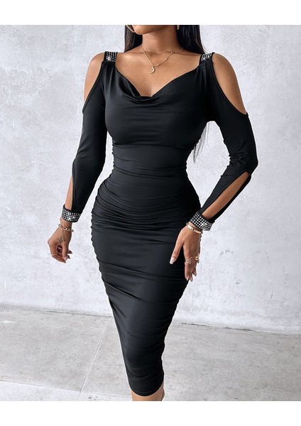 Kadın Omuzlardan Açık Uzun Kollu Taşlı Degaje Yakalı Sandy Midi Elbise fiyatları