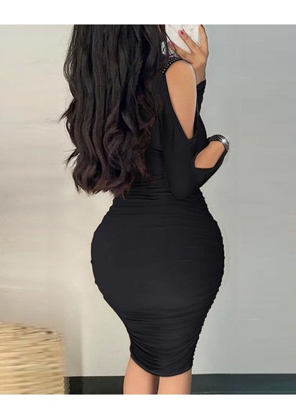 Kadın Omuzlardan Açık Uzun Kollu Taşlı Degaje Yakalı Sandy Midi Elbise modelleri