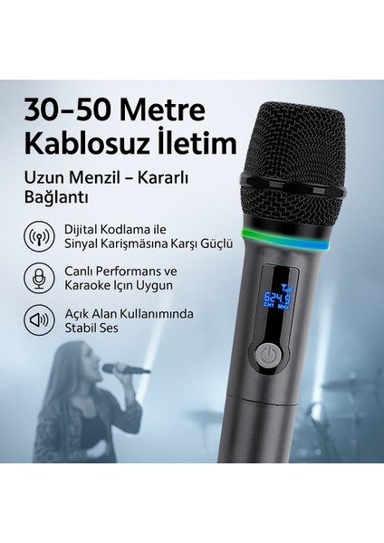 Wn-08 | Rgb Işıklı Uhf Kablosuz Mikrofon Seti – Çift El Mikrofonu ve Alıcı, Düşük Gecikmeli Dijital Ses, 50M Mesafe, Sahne Karaoke Sunum Canlı Yayın Için modelleri