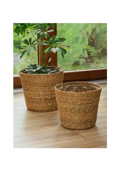 - 2'Li Bambu Büyük-Orta Boy Saksı Altı Poşetli Sepetler Büyük Boy: 20x17x13 cm./Orta Boy: 18x14x11 cm.