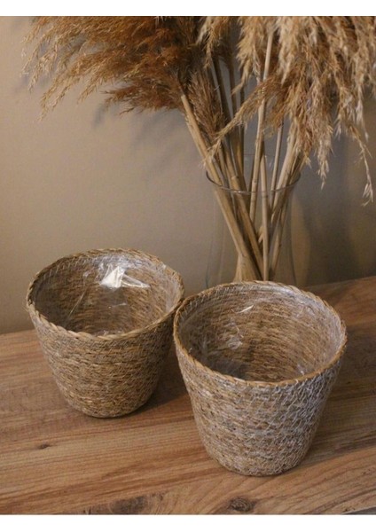 - 2'Li Bambu Büyük-Orta Boy Saksı Altı Poşetli Sepetler Büyük Boy: 20x17x13 cm./Orta Boy: 18x14x11 cm. modelleri