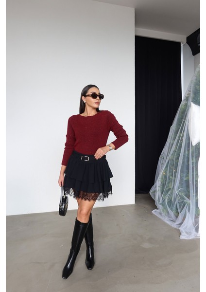 Etek Ucu Dantelli Beli Kemerli Etek