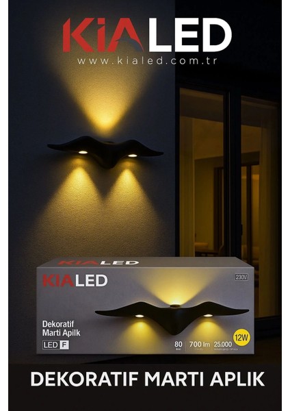Duvar Tipi LED Aplik, Martı Model, 12 W 3000K Iç ve Dış Mekan Siyah Kasa 220 V Enerji