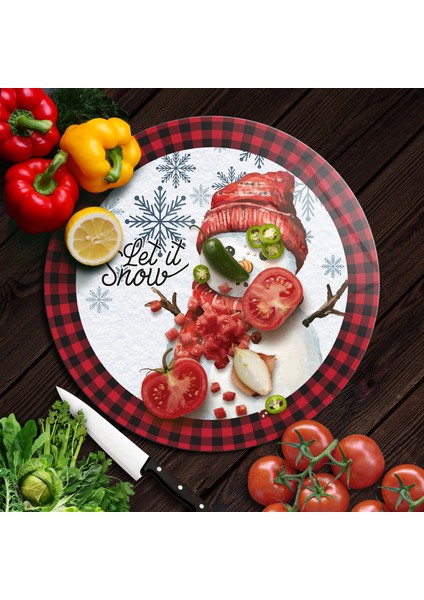 Cam Kesme Tahtası ve Sunumluk Yuvarlak Christmas Winter Yılbaşı Desenli 30 x 30 cm modelleri