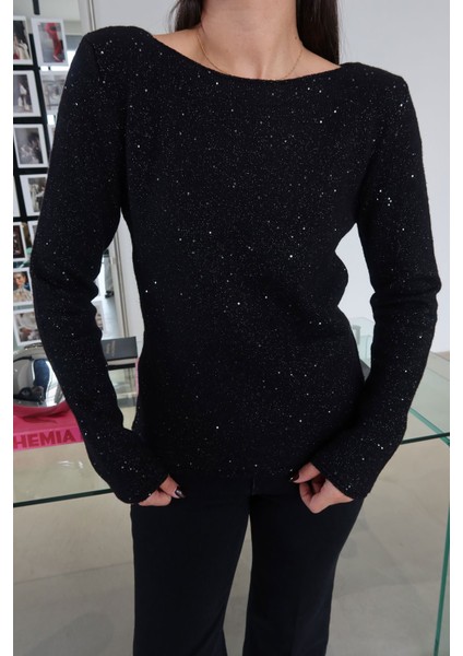 Kayık Yaka Pullu Simli Triko modelleri