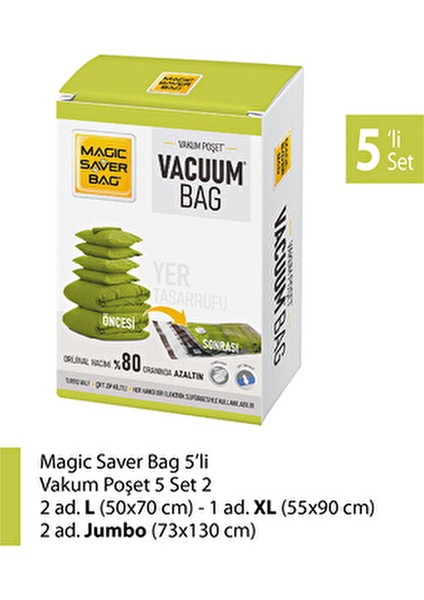 5'li Vakumlu Poşet Seti (2 L + 1 XL + 2 Jumbo) Sağlam ve Tekrar Kullanılabilir fiyatları