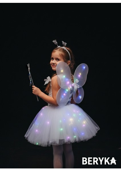 2-10 Yaş Kız Çocuk LED Işıklı Kelebek Kanat Peri Kostüm Seti