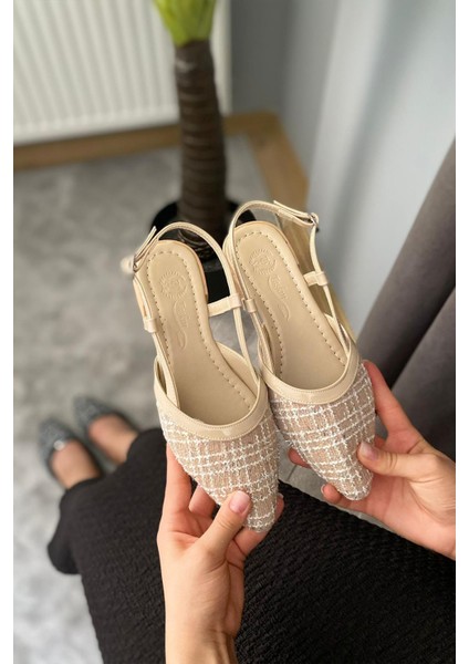 Kadın Tena Bej Keten Arkası Acık Sivri Burun Günlük Babet