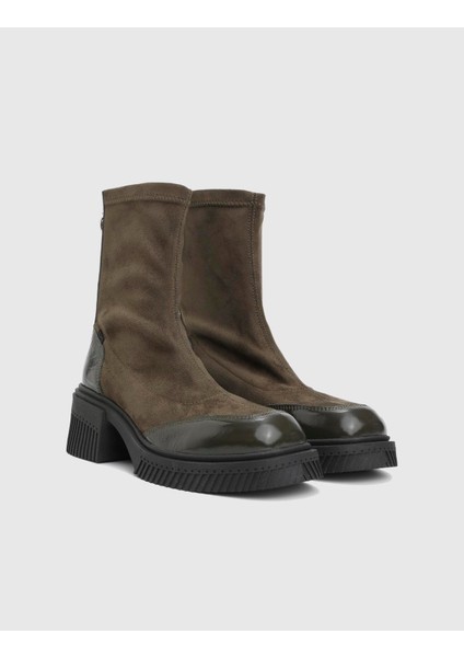 Breade Hakiki Süet Rugan Deri Haki Kadın Topuklu Bot