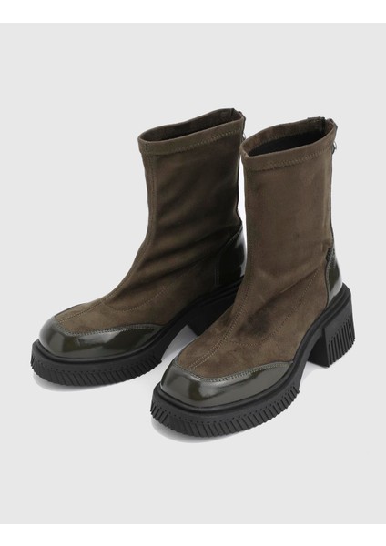 Breade Hakiki Süet Rugan Deri Haki Kadın Topuklu Bot fiyatları