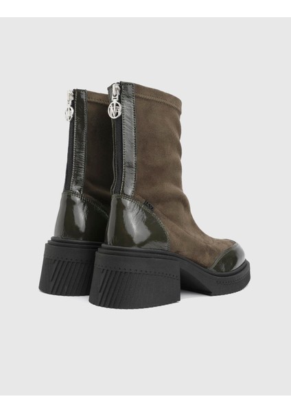 Breade Hakiki Süet Rugan Deri Haki Kadın Topuklu Bot fırsatları