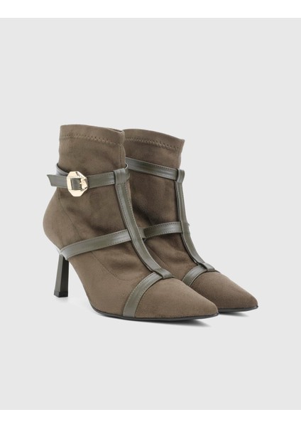 Buynaka Hakiki Süet Deri Haki Kadın Topuklu Bot