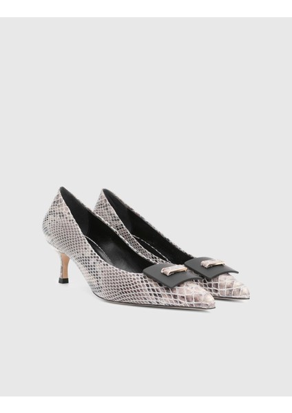Amonde Hakiki Yılan Baskılı Deri Gri Kadın Topuklu Ayakkabı