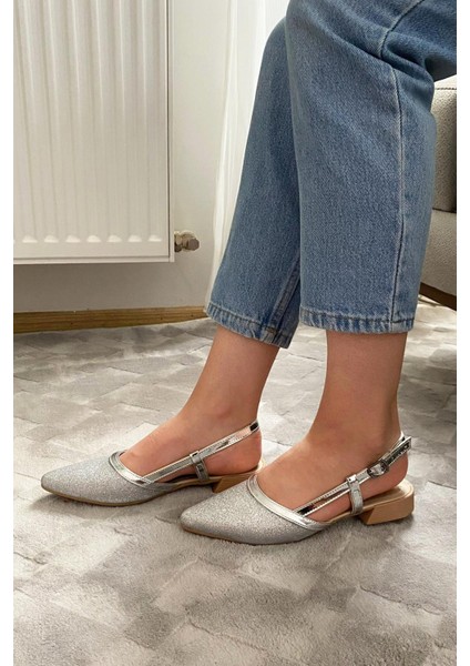 Kadın Tena Gümüş Simli Arkası Acık Sivri Burun Günlük Babet modelleri