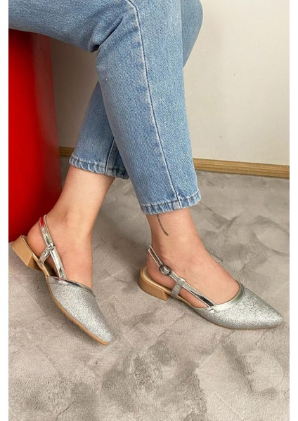 Kadın Tena Gümüş Simli Arkası Acık Sivri Burun Günlük Babet