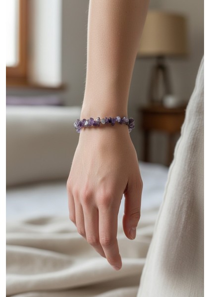 Ametist Kırıktas Esnek Bileklik – Minimal Doğal Taş Tasarım Lavanta Temalı Hediyelik Takı