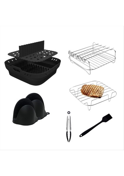 Hava Fritöz Sikon Şek Sepet Tepsi Seti Kare Hava Fritöz Izgara Aksesuarları Yeniden Kullanılabir Hava Fritöz Kalıp Siyah (Yurt Dışından)