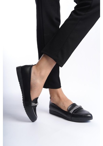 Kadın Sansa Siyah Taş Detaylı Günlük Babet modelleri