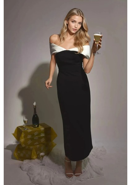 Kadın Kalp Yaka Renk Bloklu Maxi Elbise Siyah