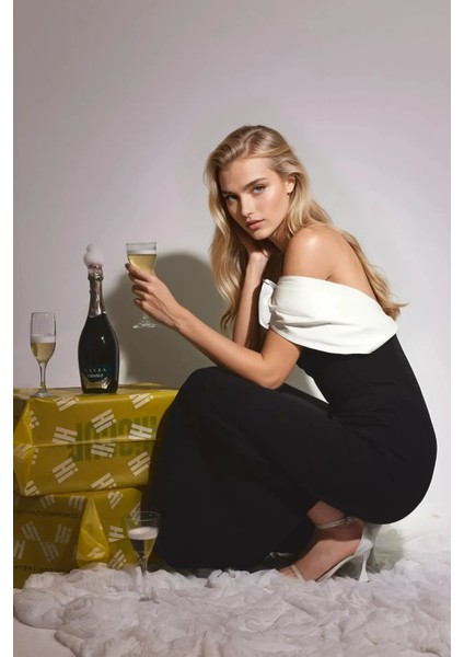 Kadın Kalp Yaka Renk Bloklu Maxi Elbise Siyah