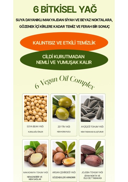 Cleasing Oil Vegan 6-Bitkisel Yağlı Yüz ve Makyaj Kore Temizleme Yağı Tüm Cilt Tipleri