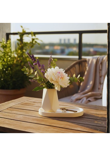 Geometrik Beton Vazo & Oval Beton Tepsi Seti | El Yapımı Dekoratif Set