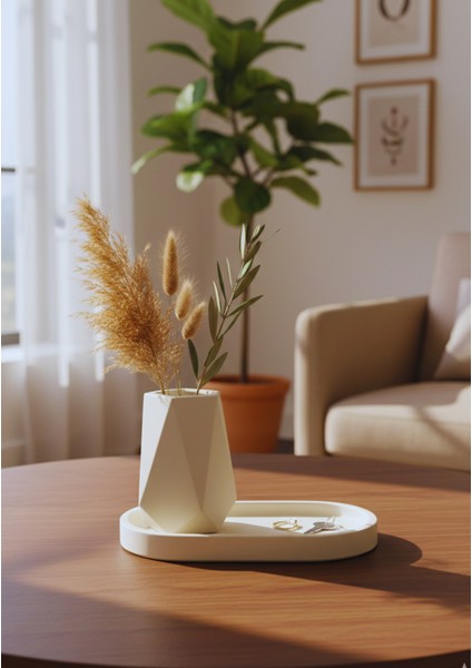 Geometrik Beton Vazo & Oval Beton Tepsi Seti | El Yapımı Dekoratif Set modelleri