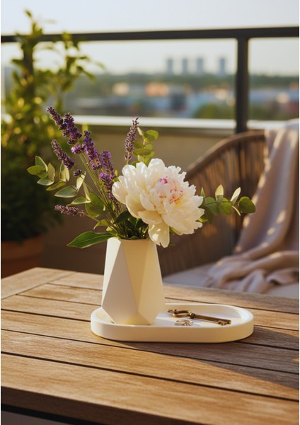 Geometrik Beton Vazo & Oval Beton Tepsi Seti | El Yapımı Dekoratif Set