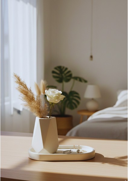 Geometrik Beton Vazo & Oval Beton Tepsi Seti | El Yapımı Dekoratif Set