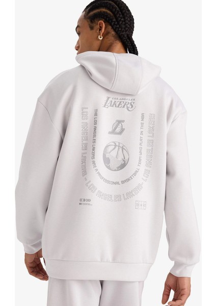 F3876AXGR519 Gri Nba Los Angeles Lakers Boxy Fit Kapüşonlu Skuba Dalgıç Kumaş Sırt Baskılı Sweatshirt