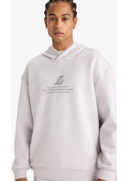 F3876AXGR519 Gri Nba Los Angeles Lakers Boxy Fit Kapüşonlu Skuba Dalgıç Kumaş Sırt Baskılı Sweatshirt modelleri