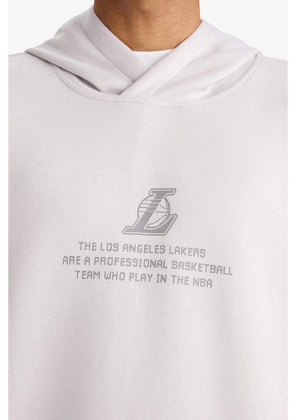 F3876AXGR519 Gri Nba Los Angeles Lakers Boxy Fit Kapüşonlu Skuba Dalgıç Kumaş Sırt Baskılı Sweatshirt indirimleri