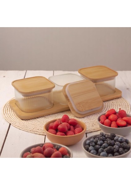 3&apos;lü Bambu Kapaklı Cam Kahvaltılık ve Kuruyemişlik, 7 Parça Tepsili Kahvaltı ve Çerezlik Seti, Vakumlu Kapak