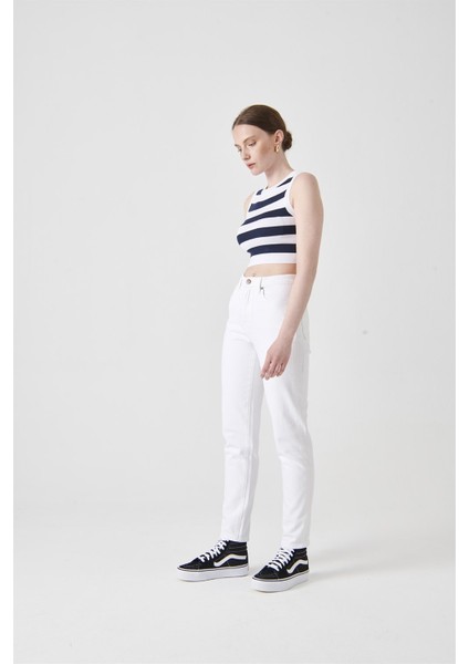 KELLY Mom Fit Beyaz Kadın Jean Pantolon