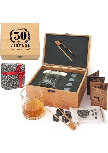 Yaş Tasarımlı Ahşap Kutulu Tekli Glasgow Viski Kadeh Seti + 4 Soğutucu Taş Seti
