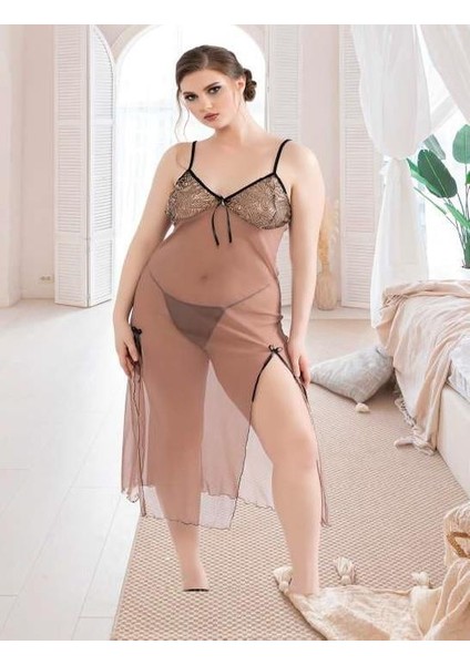 Arias Closet Büyük Beden Kahverengi Tül Fantezi Uzun Yırtmaçlı Gecelik