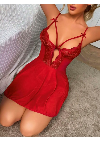 Arias Closet Kırmızı Dantel Işlemeli Göğüs Ip Detaylı Fantezi Tül Gecelik Takımı fiyatları