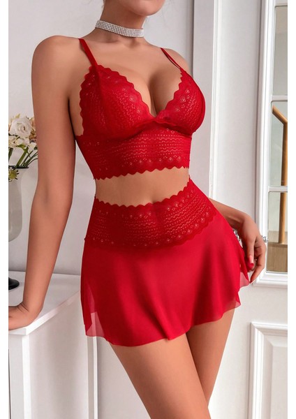 Kadın Kırmızı Dantel ve Tül Detaylı Etekli Şık Gecelik Takımı