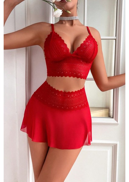 Kadın Kırmızı Dantel ve Tül Detaylı Etekli Şık Gecelik Takımı fırsatları