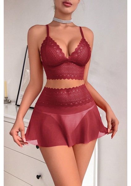 Kadın Bordo Dantel ve Tül Detaylı Etekli Şık Gecelik Takımı modelleri
