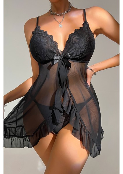 Kadın Siyah Dantelli, Fırfırlı Tül ve Fiyonk Detaylı Tangalı Gecelik Takımı indirimleri