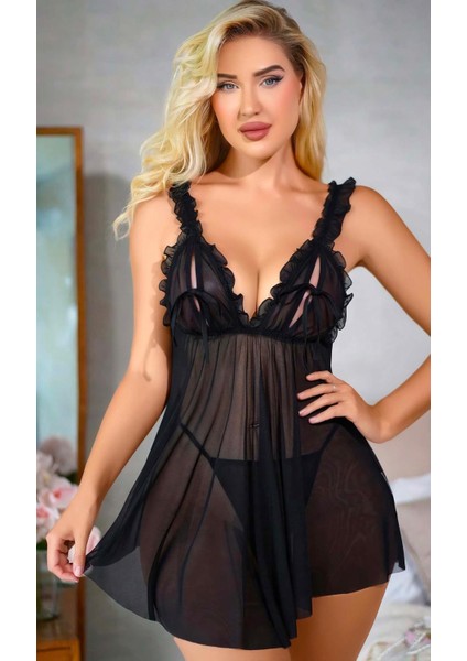 Arias Closet Siyah Fırfırlı Göğüs Dekolteli Transparan Fantezi Tül Gecelik