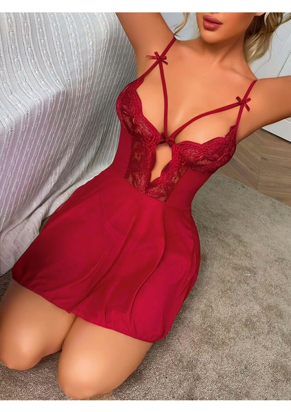 Arias Closet Bordo Dantel Işlemeli Göğüs Ip Detaylı Fantezi Tül Gecelik Takımı modelleri