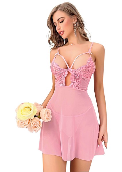 Arias Closet Pembe Dantel Işlemeli Göğüs Ip Detaylı Fantezi Tül Gecelik Takımı fiyatları
