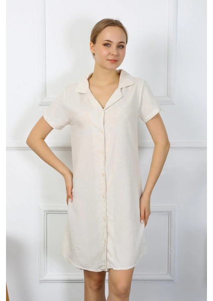 Kadın Pamuk Keten Kısa Kol Düğmeli Krem Tunik Gecelik