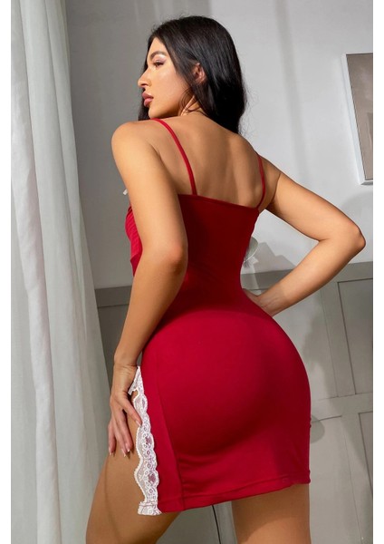 Kadın Kırmızı Bacak Yırtmaçlı Beyaz Dantelli ve Fiyonklu Şık Gecelik fiyatları