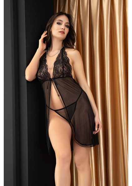 Arias Closet Siyah Dantel Işlemeli Boyundan Bağlamalı Önden Yırtmaçlı Fantezi Tül Gecelik T fiyatları