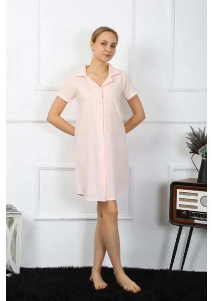 Kadın Pamuk Keten Kısa Kol Düğmeli Pudra Tunik Gecelik